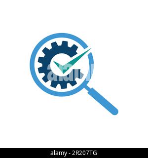Controllare e ingrandire il design del logo a forma di ingranaggio in vetro. icona del simbolo del motore di ricerca con il segno di spunta per verificato Illustrazione Vettoriale
