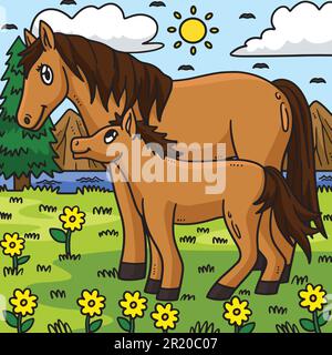 Mother Horse e Foal Cartoon Illustrazione colorata Illustrazione Vettoriale