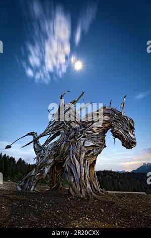 Il Drago Vaia (Vaia Dragon) è un'opera in legno creata dallo scultore Marco Martalar per pensare al cambiamento climatico. Lavarone, Trentino, Italia. Foto Stock