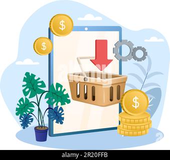 Illustrazione della gestione degli acquisti. Carrello, attrezzatura, moneta, pianta, freccia. Disegno grafico vettoriale modificabile. Illustrazione Vettoriale