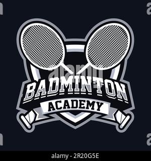 Badminton Academy Mascot Logo Design. Illustrazione del logo per mascotte o simboli e identità, emblema sportivo o squadra di gioco e-sports. Illustrazione Vettoriale