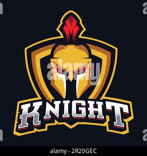 Mascotte Knight con logo. Illustrazione del logo per mascotte o simboli e identità, emblema sportivo o squadra di gioco e-sports. Illustrazione Vettoriale