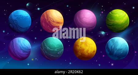 I pianeti spaziali dei cartoni animati nel cielo galassico o nei mondi alieni fantasy, sfondo vettoriale. Spazio esterno pianeti extraterrestri o terra fantastica con crateri di lava o ghiaccio in cielo stellato con asteroidi e comete Illustrazione Vettoriale