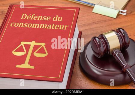 Un libro di legge con un gavel - protezione del consumatore in francese - Défense du consommateur Foto Stock