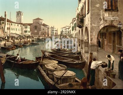 Chioggia, mercato del pesce, 1890, Venezia, Italia, Riproduzione storica, restaurata digitalmente da un originale del 18th o 19th ° secolo / Chioggia, Fischmarkt, 1890, Venedig, Italien, Historisch, ristorante digitale Reproduktion von einer Vorlage aus dem 18. oder 19. Jahrhundert Foto Stock