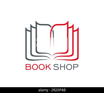 Libreria, libreria, icona vettore dizionario negozio. Istruzione, conoscenza o letteratura simbolo di libro aperto con pagine di carta rosse e grigie, segnalibro. Libreria, biblioteca e leggio emblema isolato club Illustrazione Vettoriale