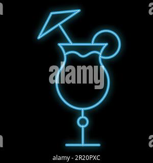 Un semplice neon astratto luminoso e luminoso blu icona, un cartello per un bar da un cocktail alcolico in un bicchiere con un ombrello e spazio copia o Illustrazione Vettoriale
