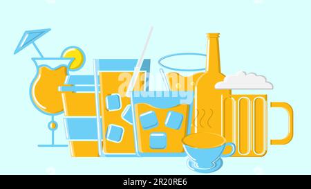 Set di bicchieri da birra e bevande alcoliche, cocktail, caffè e tè. Illustrazione vettoriale. Illustrazione Vettoriale