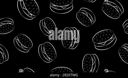 appetitosi hamburger su sfondo nero, illustrazione vettoriale. motivo con hamburger bianchi con ripieno naturale. in cima ai semi con semi di sesamo. Illustrazione Vettoriale