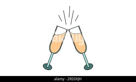 Una semplice icona in stile piatto di due bei bicchieri di champagne che stringono i bicchieri durante un brindisi per la festa dell'amore di San Valentino o del 8th marzo Illustrazione Vettoriale