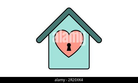 Semplice icona di stile piatto di una bella casa con un birdhouse con un cuore e una serratura per la festa dell'amore, San Valentino o 8th marzo. Vettore il Illustrazione Vettoriale