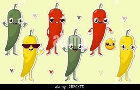 Illustrazione vettoriale di Chili personaggio adesivi con bella espressione, fresco, divertente, chili isolato Illustrazione Vettoriale