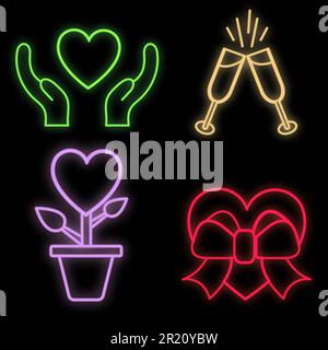 Set di luminosi e luminosi segni al neon festivo multicolore per il negozio e le carte bello lucido con amore cuore rotto mani occhiali e fiori su un Illustrazione Vettoriale