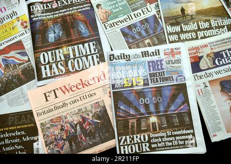 Fotografia di vari giornali britannici che riportano la Brexit. Foto Stock