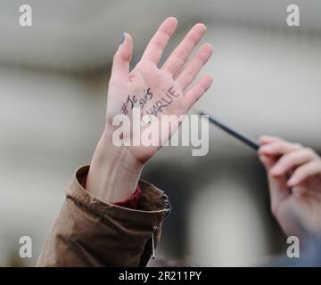 Fotografia scattata durante la veglia Charlie Hebdo a Londra. Centinaia di persone si riuniscono in Trafalgar Square mostrando solidarietà con coloro che sono morti negli attacchi del gennaio 2015 contro la rivista francese Charlie Hebdo e altrove. La frase 'JE suis Charlie' divenne un simbolo di sfida per i terroristi che avevano dichiarato di aver ucciso Charlie Hebdo dopo aver ucciso 12 membri del personale. Foto Stock