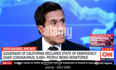 Screengrab dalla CNN che riporta la pandemia COVID-19. Foto Stock