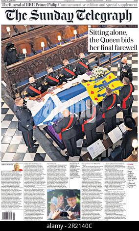 Stampa britannica sui funerali del Duca di Edimburgo (marito della Regina Elisabetta II), aprile 2021. Foto Stock