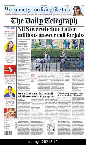 Daily Telegraph prima pagina, 14th dicembre 2021, NHS sopraffatto dopo l'enorme presa in mano per la vaccinazione di richiamo Covid-19 Foto Stock