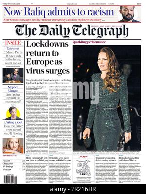 Daily Telegraph front page, 19th novembre 2021, blocchi in Europa come Covid-19 pandemia surge Foto Stock