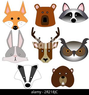 Set di 8 boschi, icone animali forestali. Vettore, cute volpe, raccoon, orso, coniglio, badger, gufo, cervo, castoro, teste. Illustrazione Vettoriale