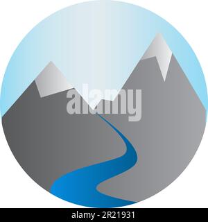 Montagna fiume natura selvaggia paesaggio vettore panoramico. Acqua che scorre tra roccia neve picco paesaggio naturale idilliaco paesaggio terrestre. Scogliera di pietra riva del fiume An Illustrazione Vettoriale