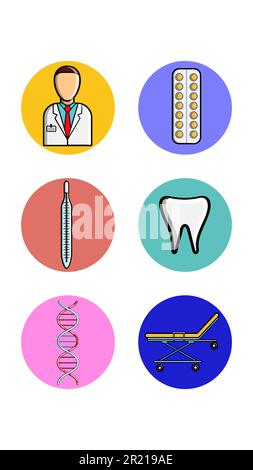 Un set di sei icone rotonde per topica con medici medici farmacologici soggetti medico pillole termometro dente dna sedia a rotelle su un dorso bianco Illustrazione Vettoriale