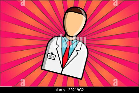 Medico dipendente sanitario medico uomo medico uomo in mantello bianco su sfondo astratto raggi rossi. Illustrazione vettoriale. Illustrazione Vettoriale
