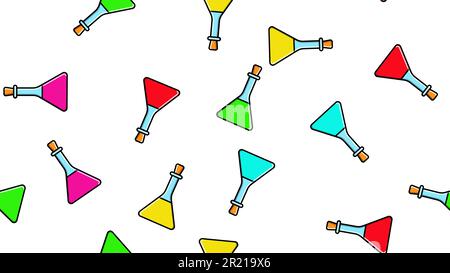 Struttura senza cuciture di infinite ripetizioni triangolari multicolore medico chimica vetro provette per analisi scientifiche di matracci lattine su sfondo bianco Illustrazione Vettoriale