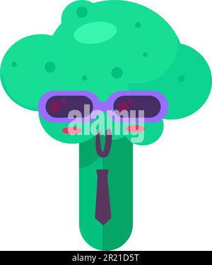 Broccoli vegan pianta emoji felice vettore emotivo. Sorridente viso maschile con occhiali da sole e cravatta. Elegante fumetto Lucky maturo vegetale organico. Divertente Illustrazione Vettoriale