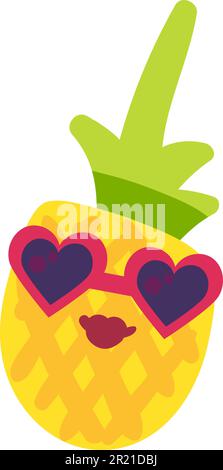 Ananas signora frutta emoji felice emozione vettore. Donna allegra a forma di pianta tropicale succosa che indossa occhiali da sole a forma di cuore. Em divertente fumetto di riposo Illustrazione Vettoriale