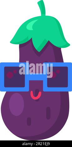 Emoji vegetali melanzane buon vettore di emozione. Sorridendo la gente faccia in agricoltura produce la forma che indossa gli occhiali da sole di moda. Emoticon divertente comic con Illustrazione Vettoriale