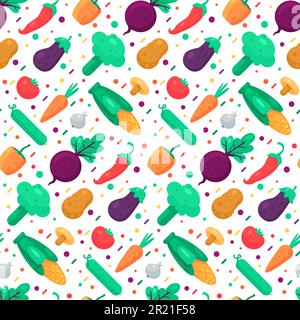 Verdure biologiche cibo senza cuciture modello vettore. Peperoncino piccante e pepe, cetriolo e funghi, corn e pomodoro, aglio e patata. Na Illustrazione Vettoriale