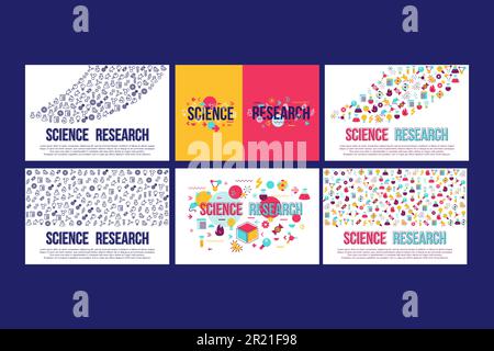 Vettore di serie banner collezione ricerca scientifica. Matraccio e lente di ingrandimento per apparecchiature da laboratorio per la ricerca di esperimenti chimici e biologici. Tes scienziato Illustrazione Vettoriale
