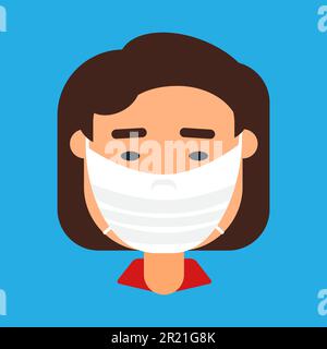 Donna caucasica in maschera viso vettore icona colore cartoon stile. Virus Corona covid-19 epidemia pandemica, protezione personale contro l'influenza virale, chirurgico o anti Illustrazione Vettoriale