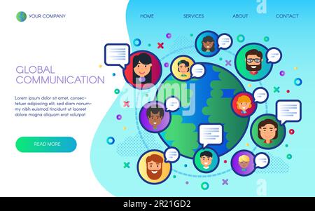 Comunicazione globale landing sito web page vettoriale cartone animato piano design. Rete wi-fi sociale mondiale, tecnologia, cyberspazio, chat online, 5G int Illustrazione Vettoriale