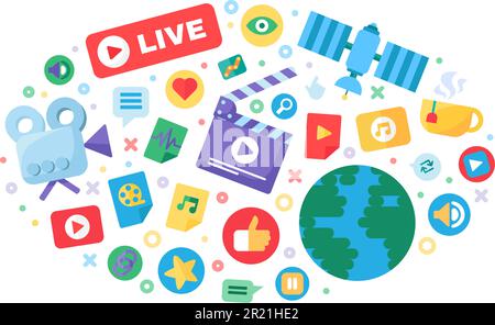 Icona del concetto di produzione live streaming. Badge semipiatti idea broadcast online. Notizie globali nella vita reale. Design moderno del coperchio. Drawi colore isolato da vettore Illustrazione Vettoriale