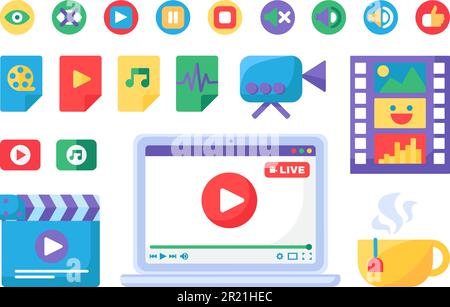 Set di icone degli strumenti di produzione Live stream. Badge per laptop e multimedia. Raccolta di simboli di trasmissione online. Illustrazioni vettoriali isolate Illustrazione Vettoriale