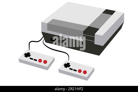 Nero e bianco con vecchio orchietto retrò grigio rettangolare volumetrico antico console da gioco d'epoca con due joysikami su uno sfondo bianco. Vettore illus Illustrazione Vettoriale