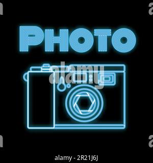 Bella icona blu luminoso al neon astratto, cartello da una vecchia macchina fotografica retrò vintage con diaframma e spazio di copia con una foto scritta Illustrazione Vettoriale