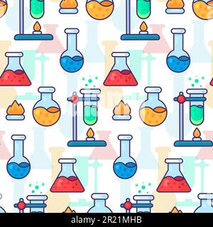 Strumento di laboratorio per scienze chimiche vettore di pattern senza giunture. Matraccio da laboratorio su fiamma bruciante preparazione di liquido chimico e test di ricerca. Sviluppo e r Illustrazione Vettoriale