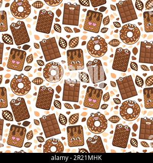 Dolce al cioccolato dolce dolce modello vettore senza cuciture. Cioccolata deliziosa bar con biscotti, waffle e ciambelle con un volto allegro e divertente. Bella faccia emoji in torta Illustrazione Vettoriale