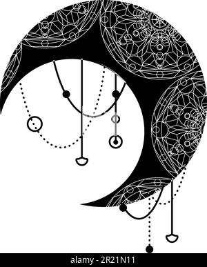 Luna nera, simbolo di mezzaluna con ornamento decorativo. Simbolo mistico in stile boho. Magic spa, manicure, gioielli elemento negozio. Isolo segno vettore sacro Illustrazione Vettoriale