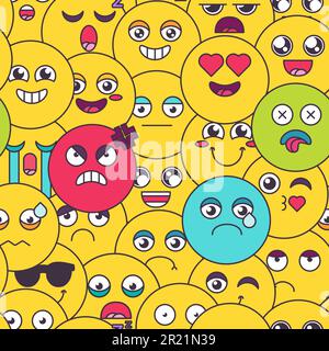 Comic carino emoji emotion senza cuciture pattern vettore. Emoticon sorridere arrabbiato e bello, sorridere e piangere, piangere e frustrato, fresco e baciare con lo Illustrazione Vettoriale