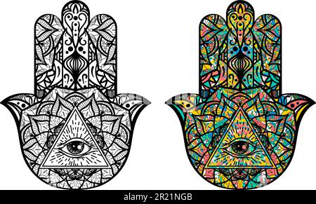 Coppia di HAMSA simbolo All Sveding Eye dentro la palma umana decorata con ornamenti sacri. Simboli spirituali in stile diverso. Segno vettore sacro segreto Illustrazione Vettoriale