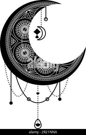 Luna nera, simbolo di mezzaluna con ornamento decorativo. Simbolo mistico in stile boho. Magic spa, manicure, gioielli elemento negozio. Isolo segno vettore sacro Illustrazione Vettoriale