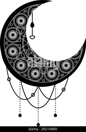 Luna nera, simbolo di mezzaluna con ornamento decorativo. Simbolo mistico in stile boho. Magic spa, manicure, gioielli elemento negozio. Isolo segno vettore sacro Illustrazione Vettoriale