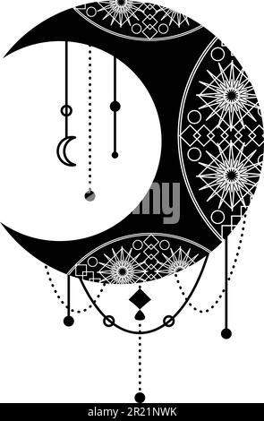 Luna nera, simbolo di mezzaluna con ornamento decorativo. Simbolo mistico in stile boho. Magic spa, manicure, gioielli elemento negozio. Isolo segno vettore sacro Illustrazione Vettoriale
