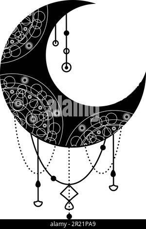 Luna nera, simbolo di mezzaluna con ornamento decorativo. Simbolo mistico in stile boho. Magic spa, manicure, gioielli elemento negozio. Isolo segno vettore sacro Illustrazione Vettoriale