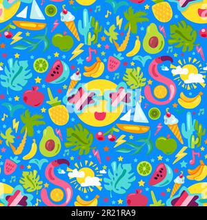 Vacanza tropicale estate senza cuciture modello vettore. Sorriso divertente indossando occhiali da sole godendo di gelato e vitamina cocomero, banana frutta e avocado, Illustrazione Vettoriale
