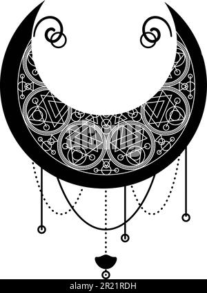 Luna nera, simbolo di mezzaluna con ornamento decorativo. Simbolo mistico in stile boho. Magic spa, manicure, gioielli elemento negozio. Isolo segno vettore sacro Illustrazione Vettoriale